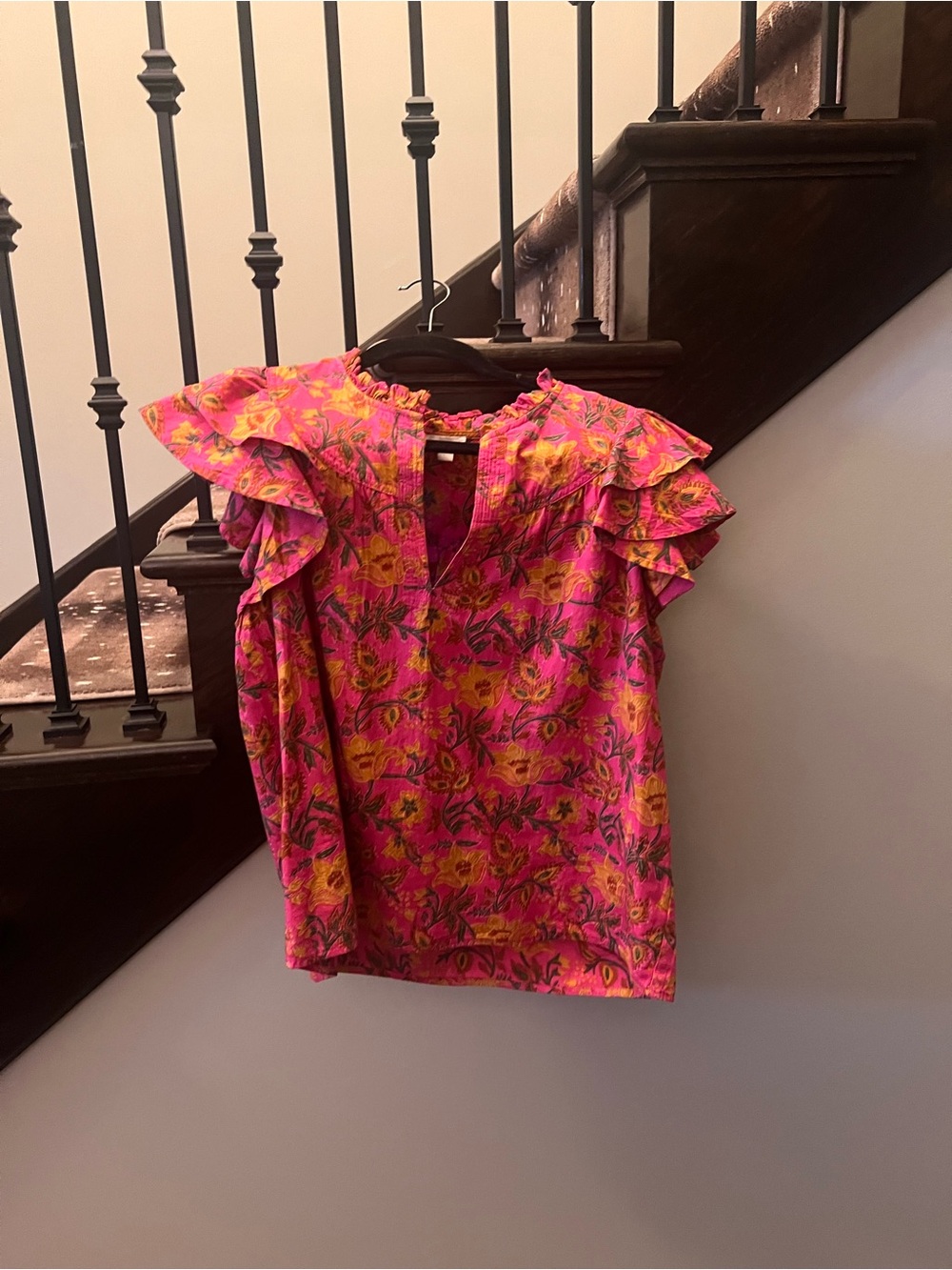 Floral Ruffle Sleeve Blouse - Pink & Yellow
